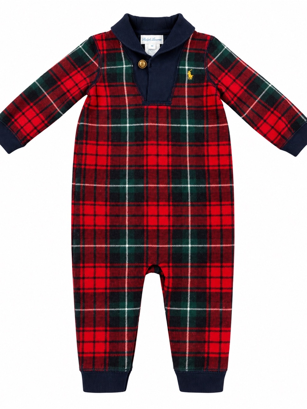 Ralph Lauren 9M Red Green Navy Tartan Plaid Long Sleeve Romper Holiday Plaid